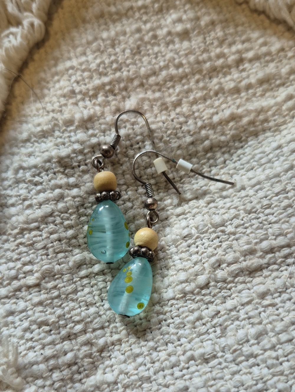 Handmade Light Blue Teardrop Bead Earrings with Wood Accent